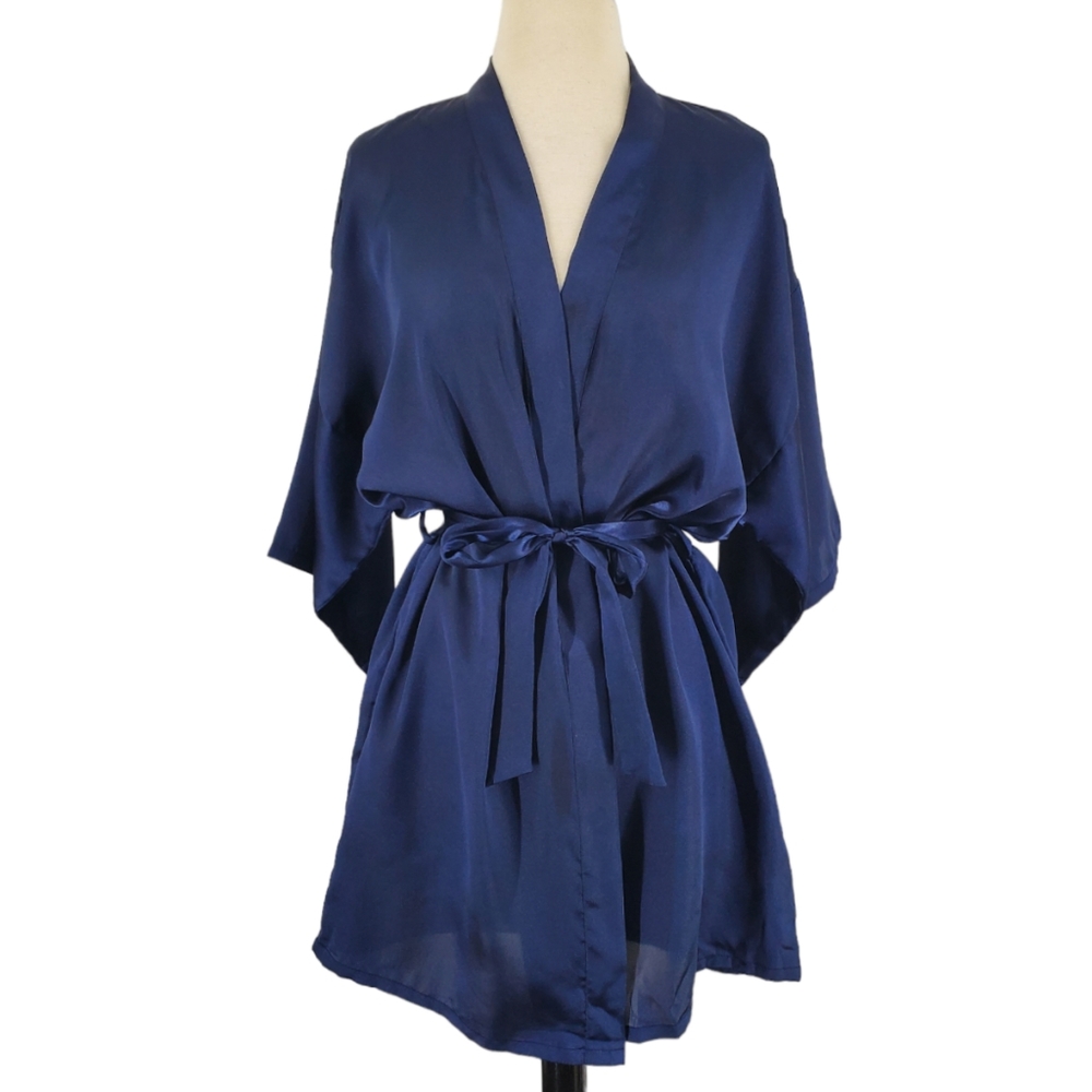 Avidlove Dark Blue Satiny Kimono Style Belted Robe Knee Length Sz M